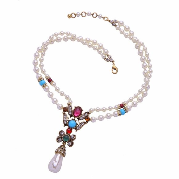 Short Beads Chain Pearls Chrystal Gems Necklace - Picture 3 of 8